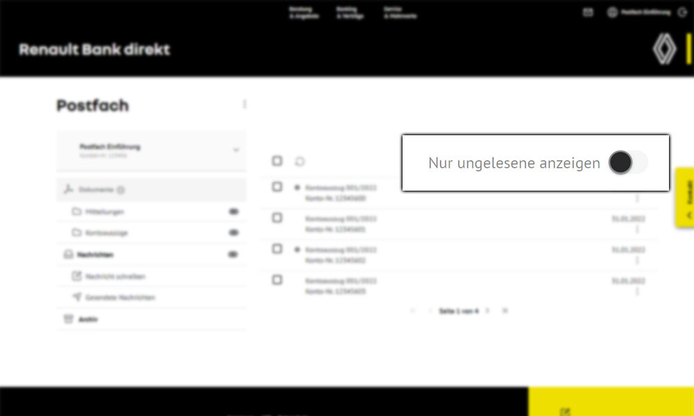 Screenshot vom Postfach: Filterfunktion 'Nur ungelesene anzeigen'